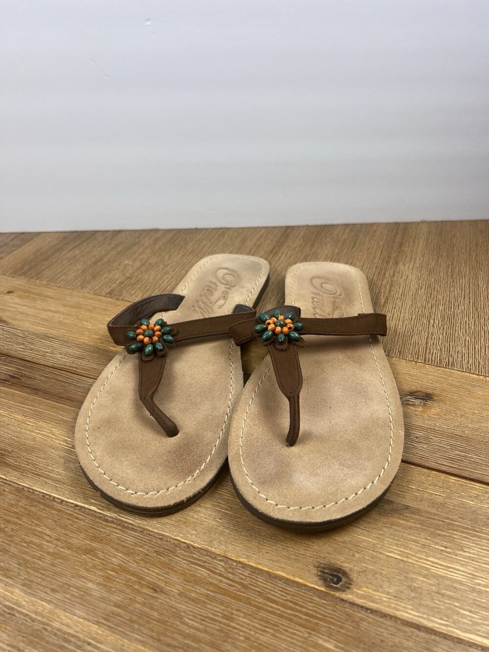 O’Neill Women’s Leather Thong Sandals Brown Beaded Flower Boho Flip Flops Sz 9